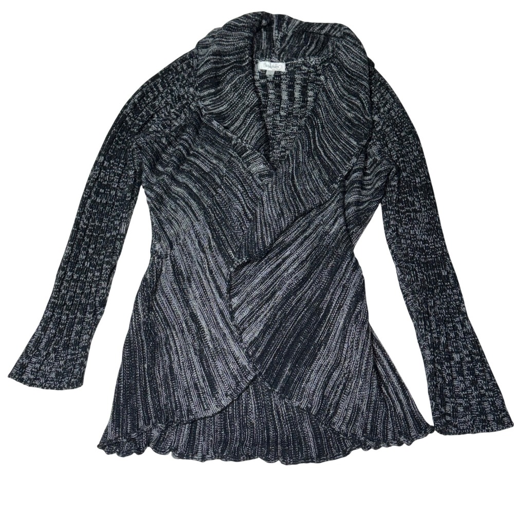 Dressbarn Cardigan Womens 1X Sweater Black White Marled Open Front Shawl Collar